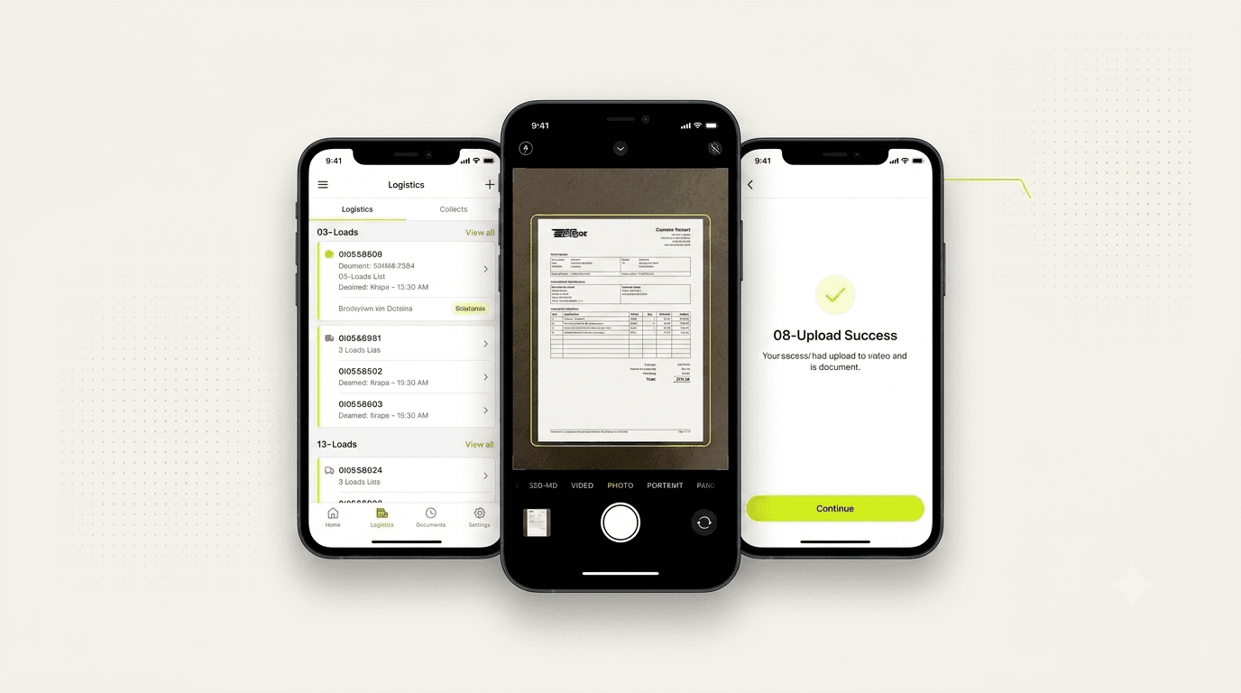 Three phones showing the RatePackt driver app: loads list, document capture, and upload success