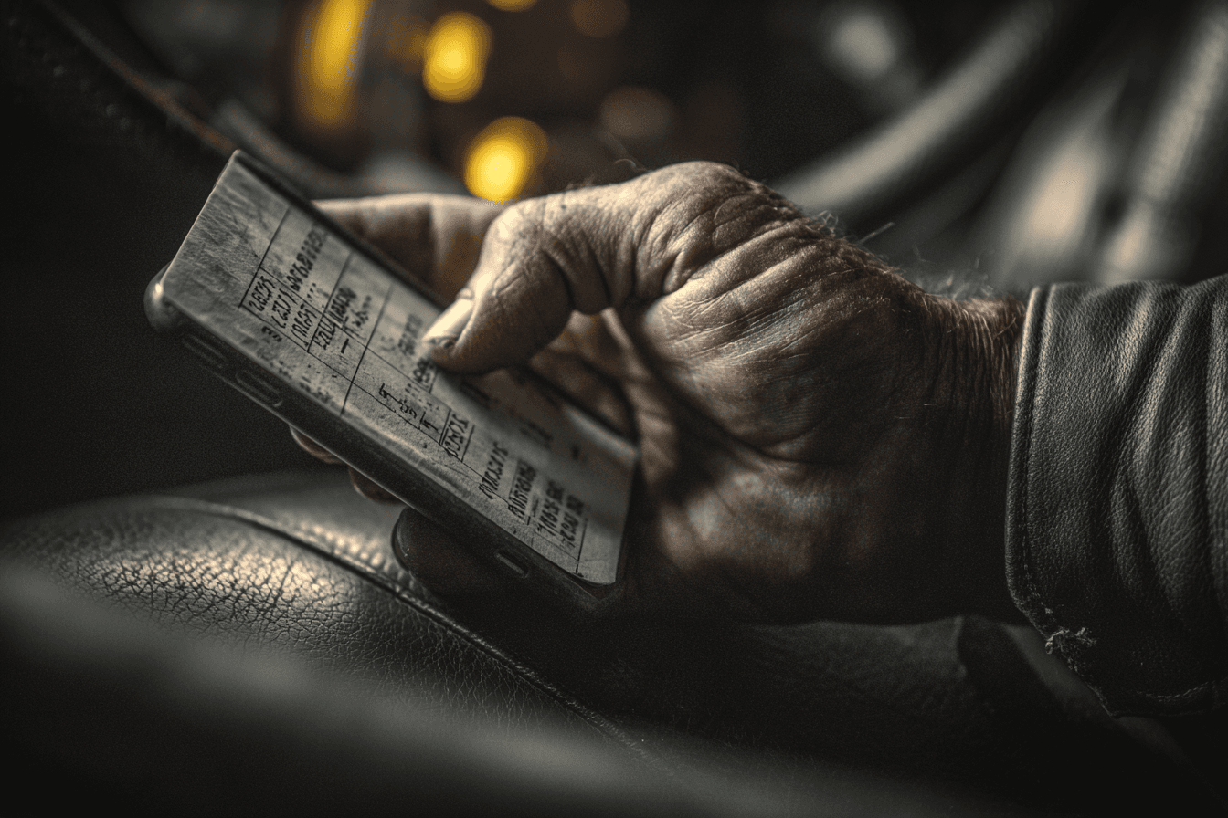 A driver holding a phone showing the rate confirmation in the cab