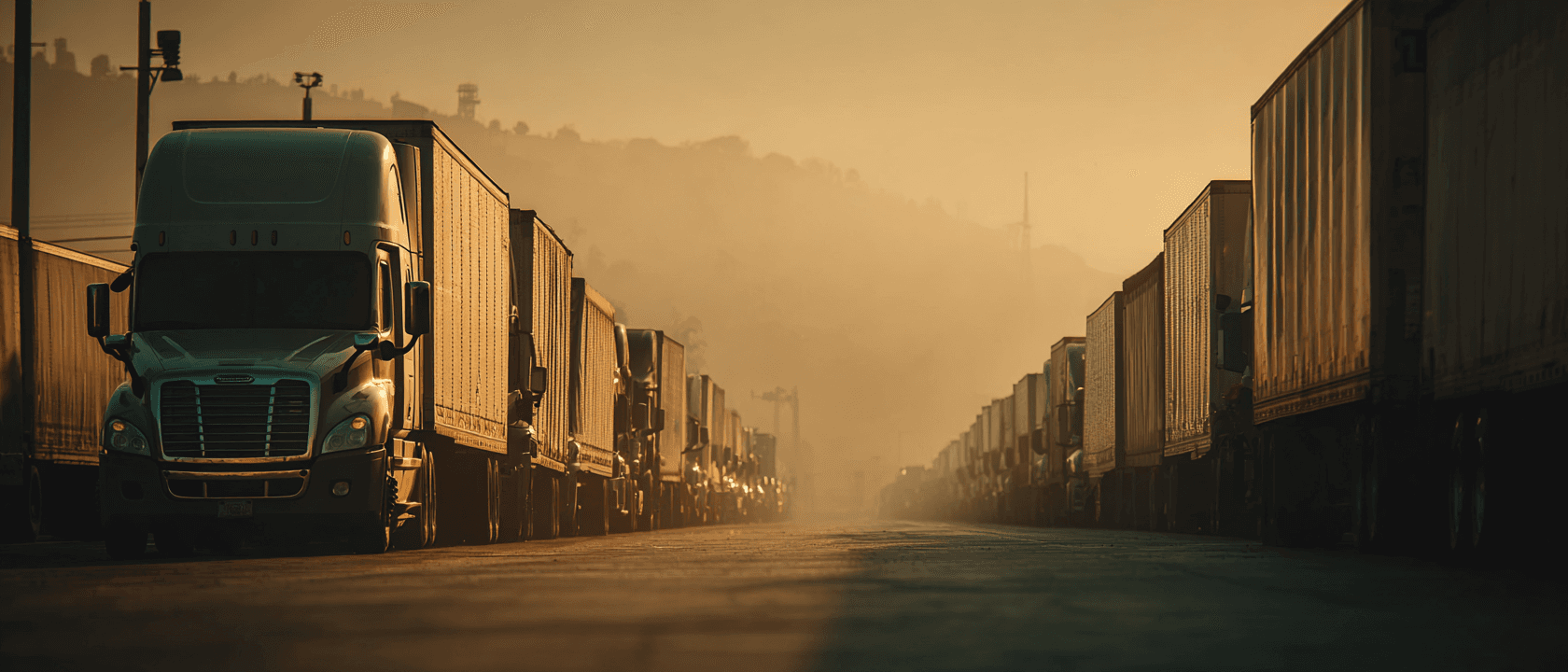 A line of trucks at a freight terminal at dusk